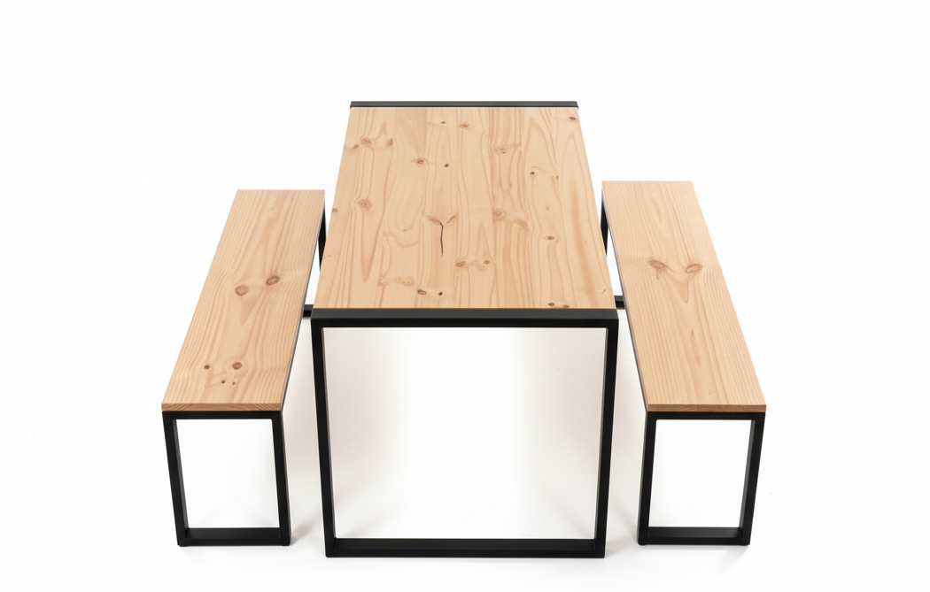 Comedor de madera y metal con bancas para restaurante