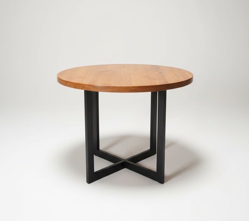 Mesa redonda estilo industrial con base de metal y superficie de madera