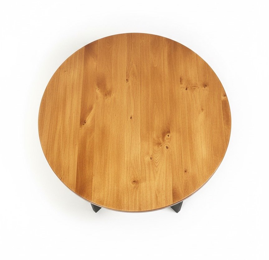 Mesa de lectura redonda de madera y metal, vista lateral