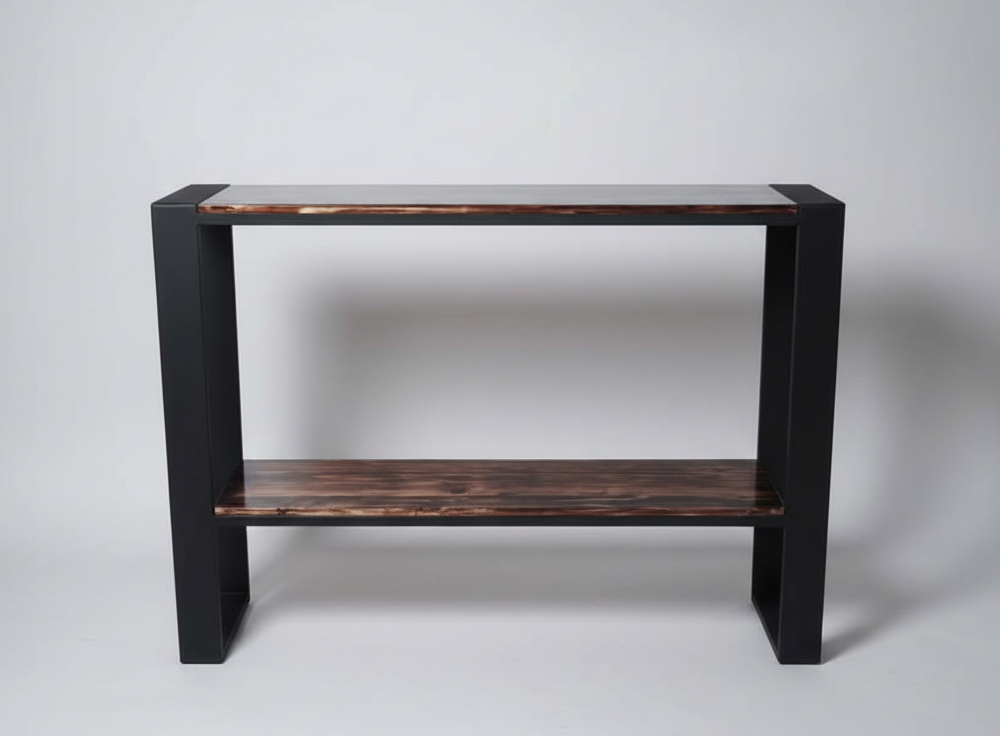 Mueble para TV estilo industrial con madera y estructura de metal negro