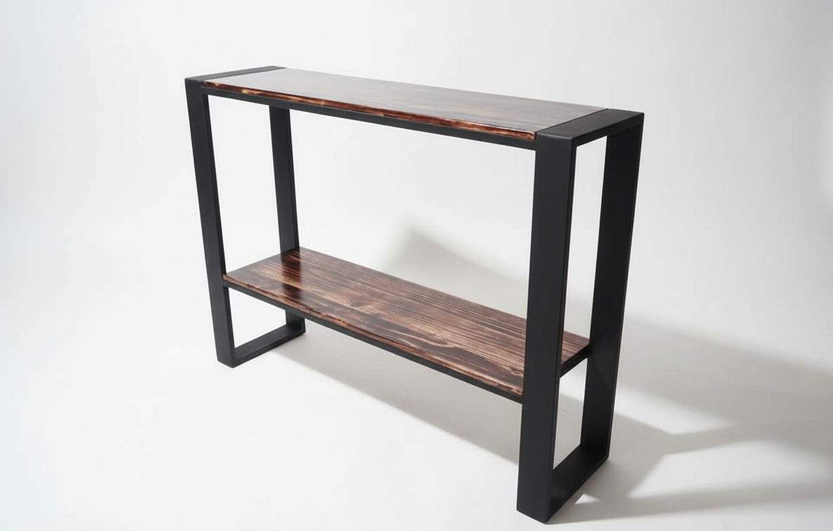 Mueble para pantalla de madera y metal, detalle de la madera