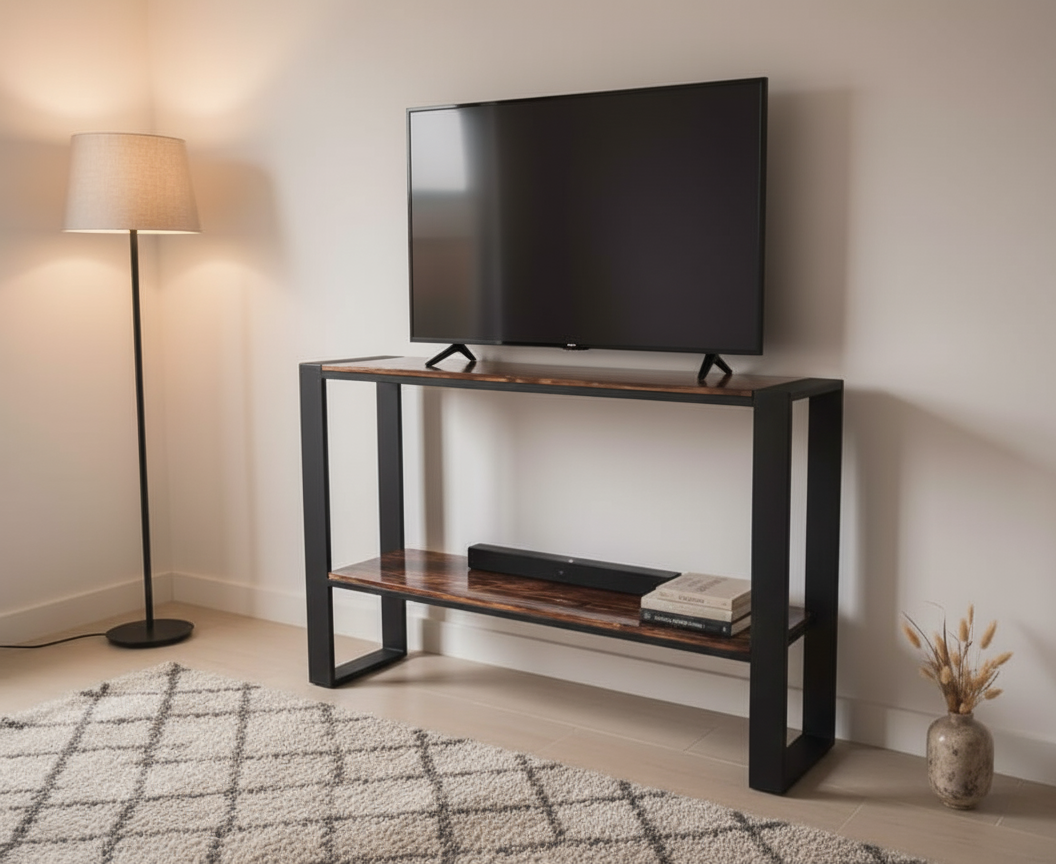 Mueble para pantalla de madera y metal, en un ambiente de sala