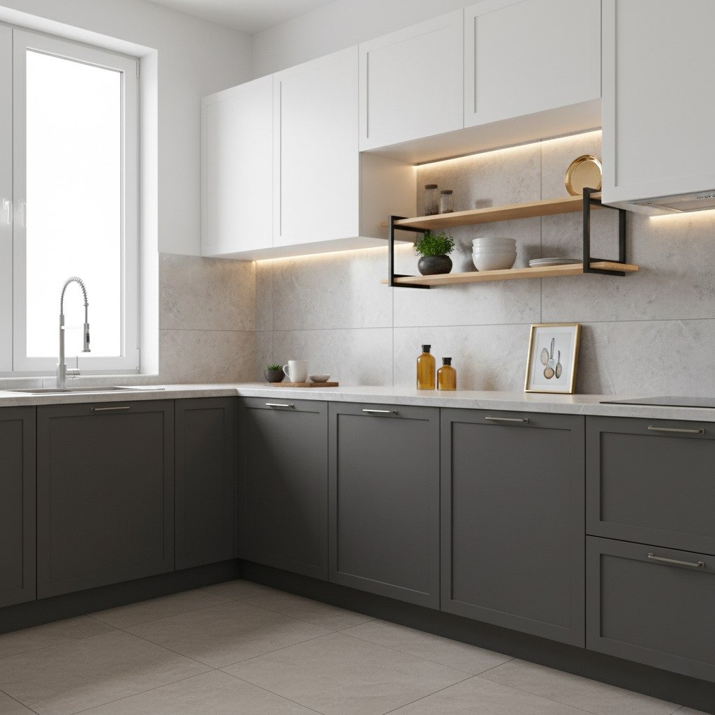 Repisa industrial de madera y metal, con libros y decoración