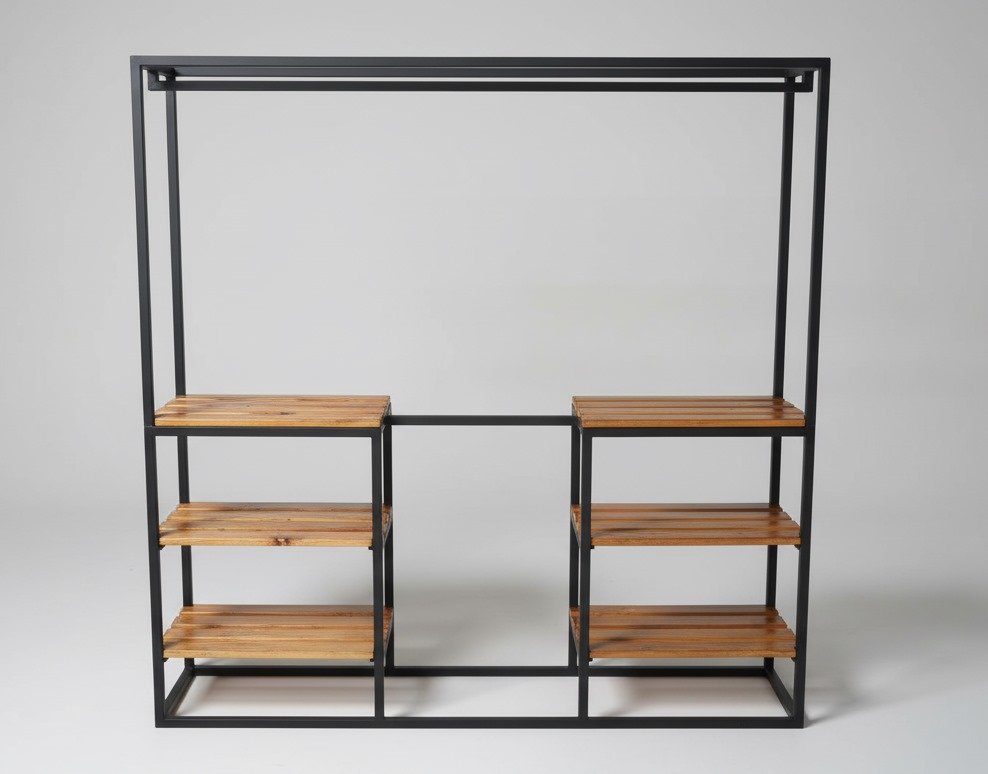 Ropero abierto estilo industrial con estructura de metal y estantes de madera